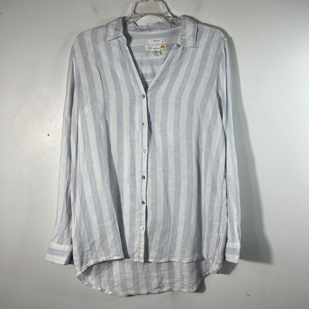 Womens C&C California Sunwashed Linen Button Shirt M White Lt Blue Long Sleeve